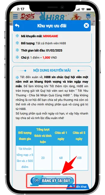 Bước 1: Tại khuyến mãi "MINIGAME" trong mục KHUYẾN MÃI, bấm "ĐĂNG KÝ TẠI ĐÂY"